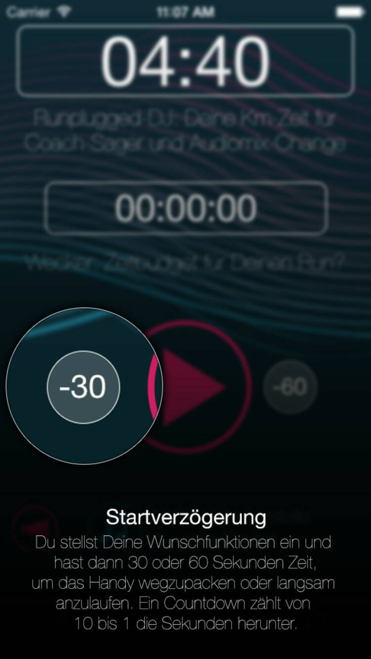 (APP) Runplugged Startverzögerung: Du stellst Deine Wunschfunktionen ein und hast dann 30 oder 60 Sekunden Zeit, um das Handy wegzupacken oder langsam anzulaufen. Ein Countdown zählt von 10 bis 1 die Sekunden herunter - Appdownload unter http://bit.ly/1lbuMA9