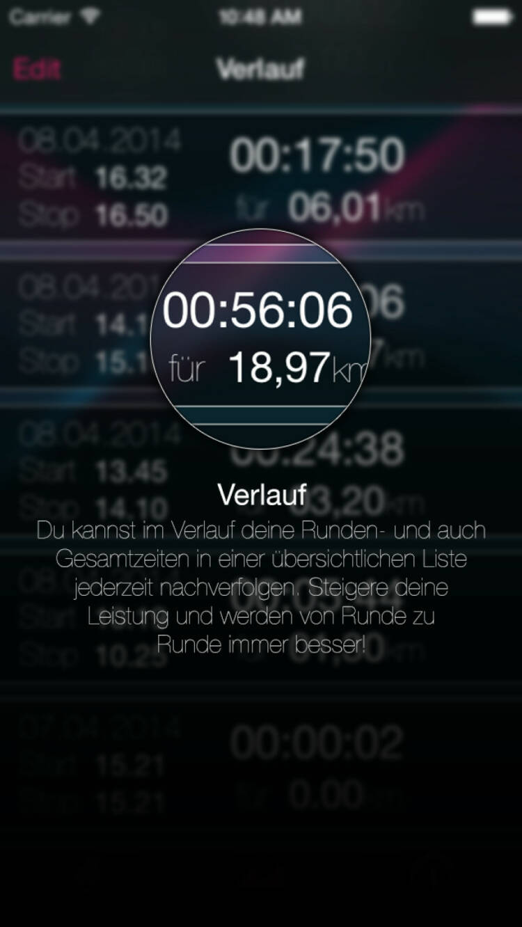 (APP) Runplugged-Verlauf: Nach Beendigung einer Lauf- und oder Hörsession kannst Du im Verlauf nachsehen, wie schnell Du gelaufen bist und das Protokoll der gehörten Audio-Dateien checken. Zugeordnet auf den einzelnen Kilometer. Die Map des Laufes kannst Du abspeichern, über Facebook oder Twitter teilen bzw. mailen. Die Audiofiles kannst Du zudem nachhören, zB wenn Du bei einem anstrengenden Kilometer etwas abgelenkt warst - Appdownload unter http://bit.ly/1lbuMA9